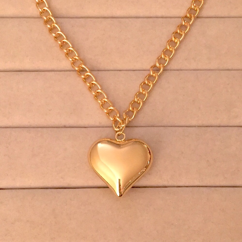 Gold Puff Heart Chunky Chain Drop Statement Necklace